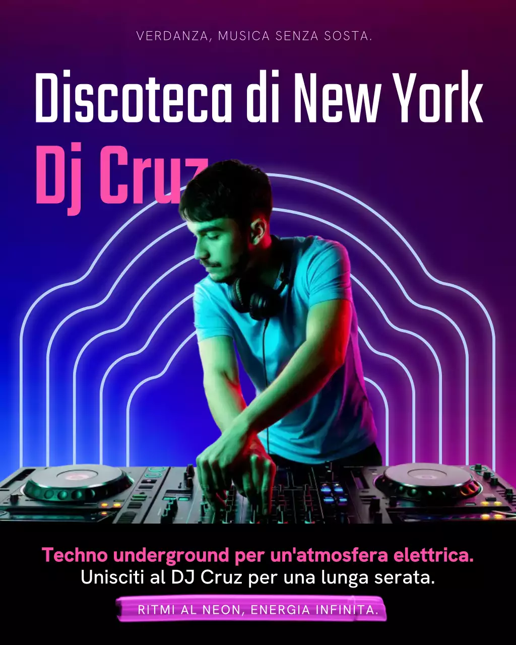 Post Instagram pubblicitario di una discoteca alla moda al neon