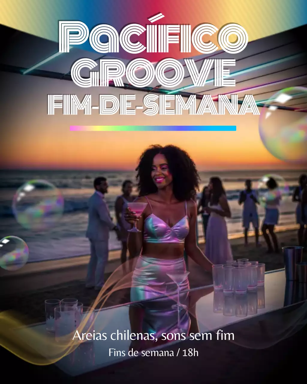 Postagem no Instagram sobre evento de praia moderno com luzes neon