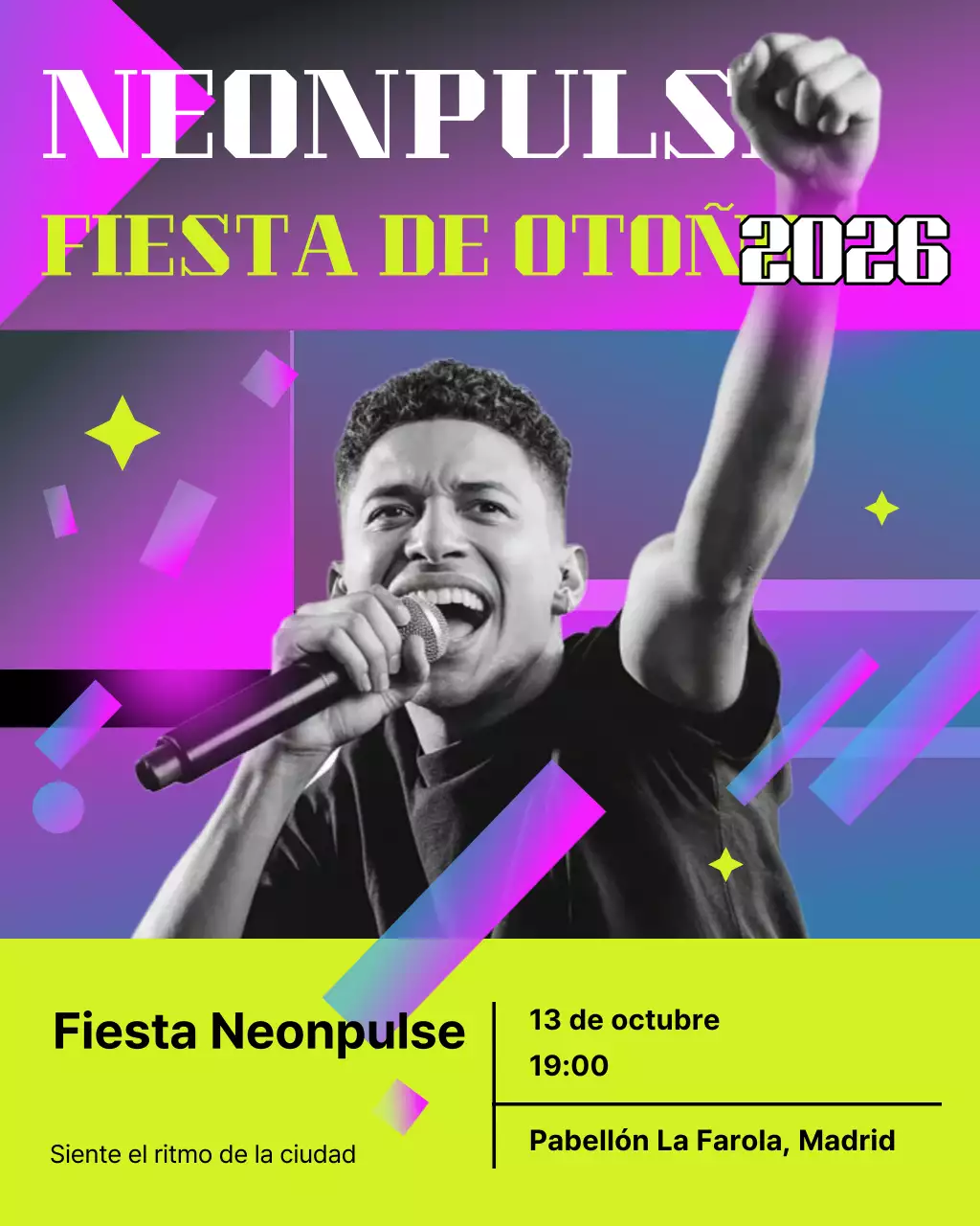 Publicación de Instagram sobre un evento musical de moda neón
