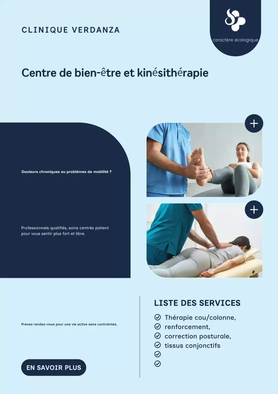 Affiche publicitaire bleue pour la physiothérapie moderne