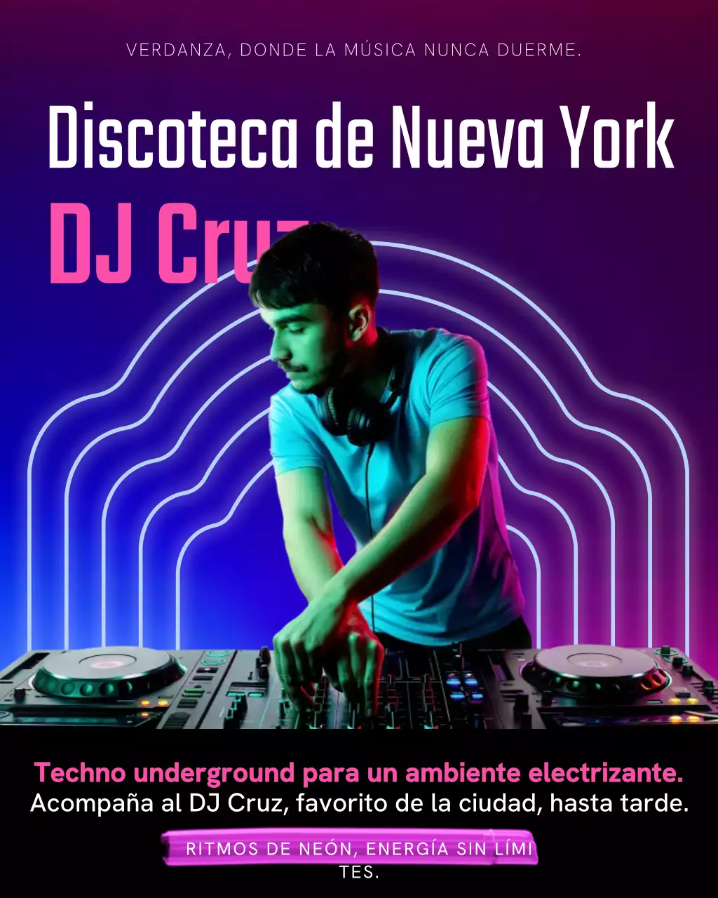 Publicación de Instagram de un club nocturno de moda con luces de neón