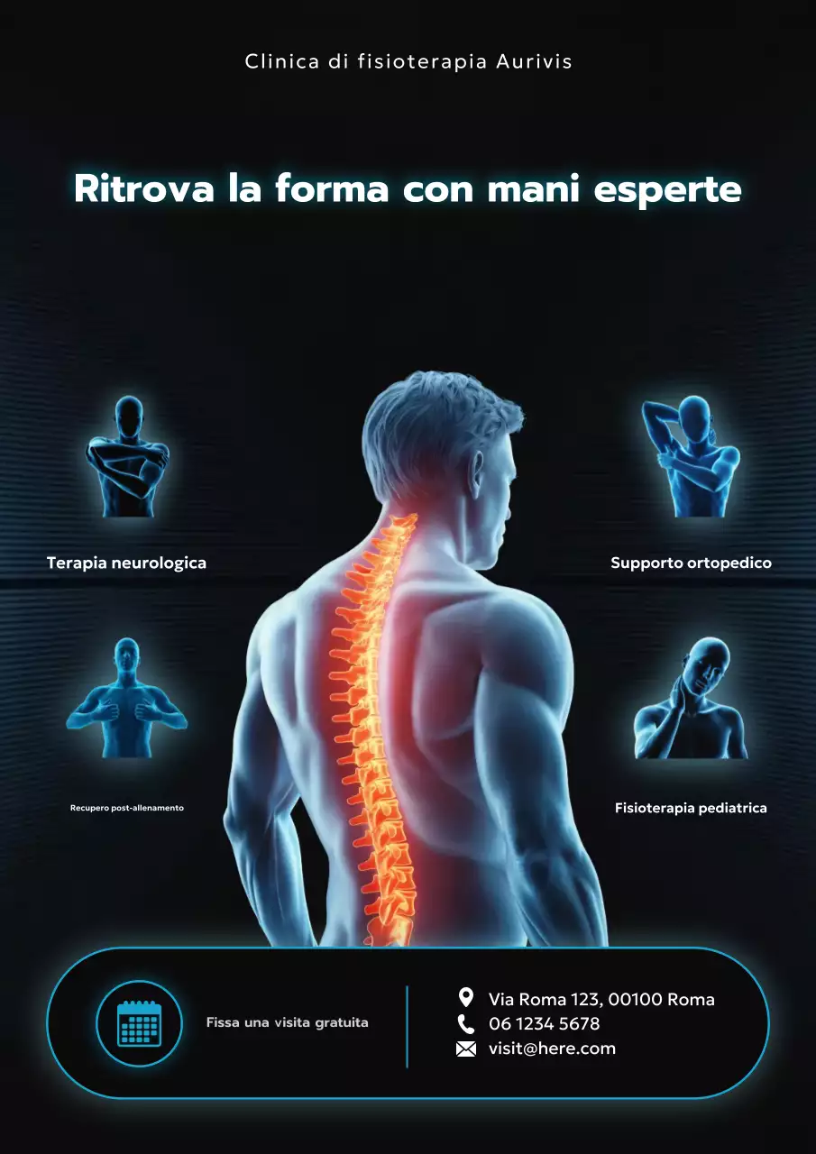 Manifesto promozionale della fisioterapia moderna blu
