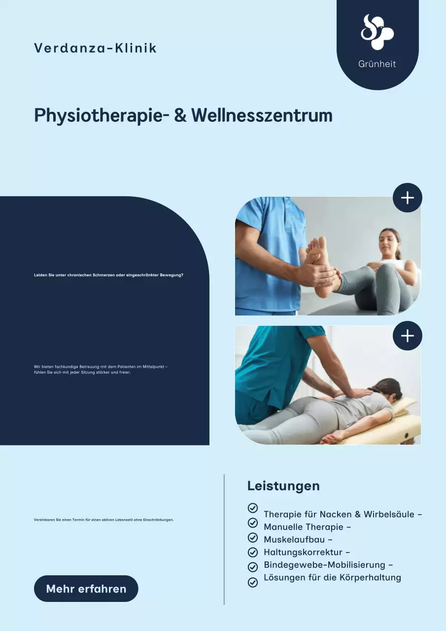 Werbeplakat für moderne Physiotherapie in Blau