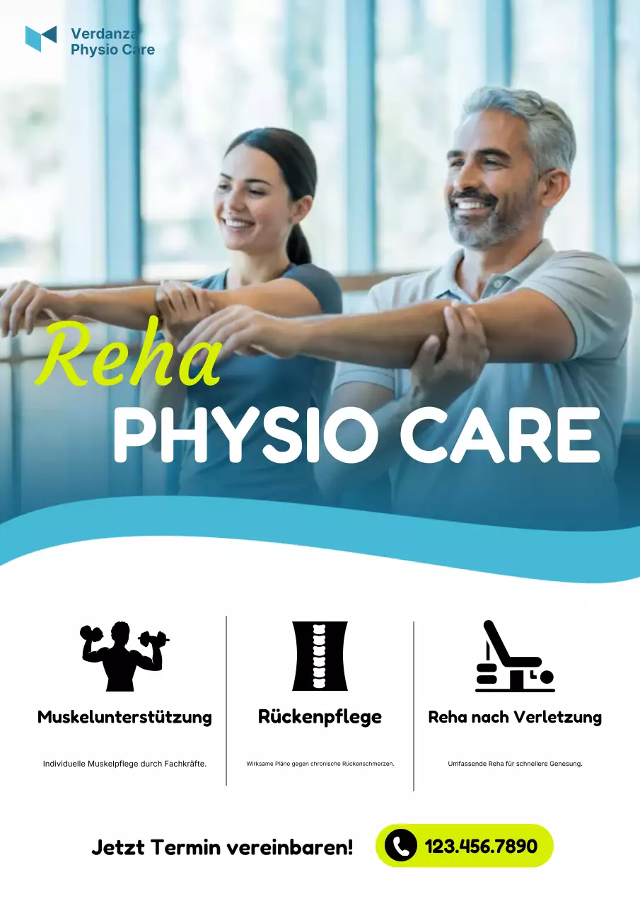 Werbeplakat für moderne Physiotherapie in Blau