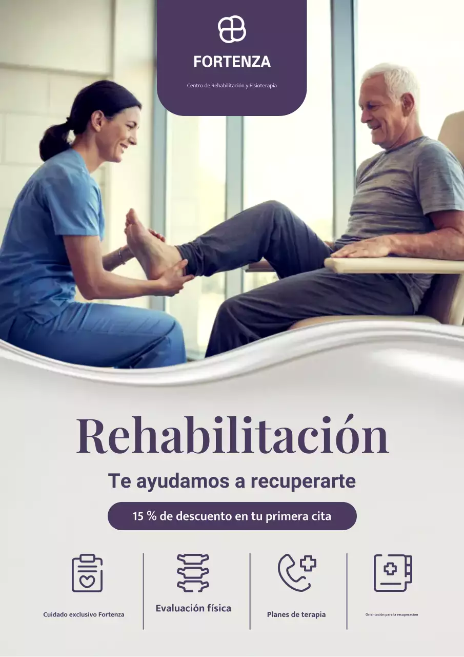 Póster promocional de rehabilitación moderna en color púrpura