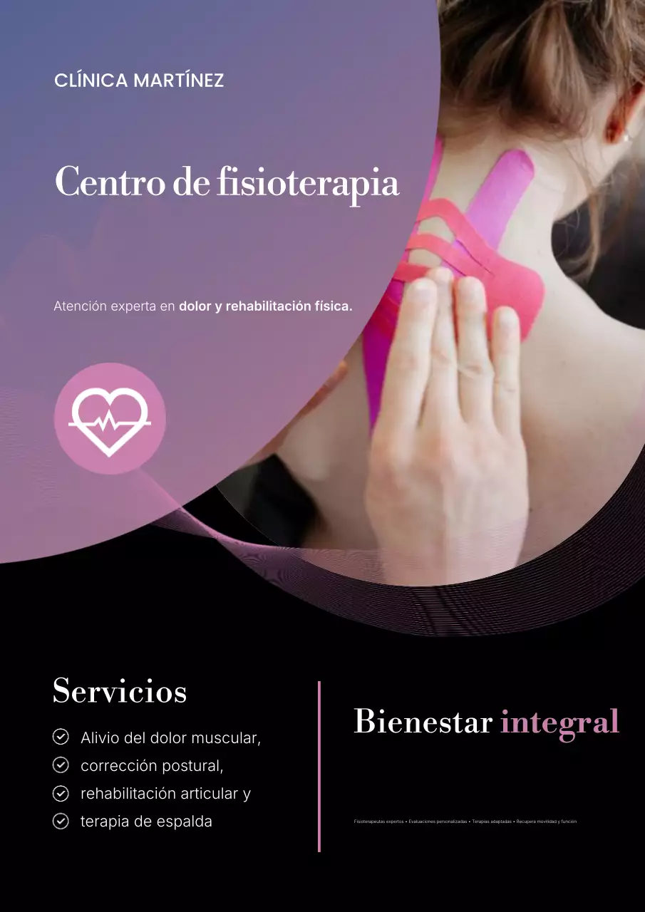 Póster promocional de fisioterapia moderna en color púrpura