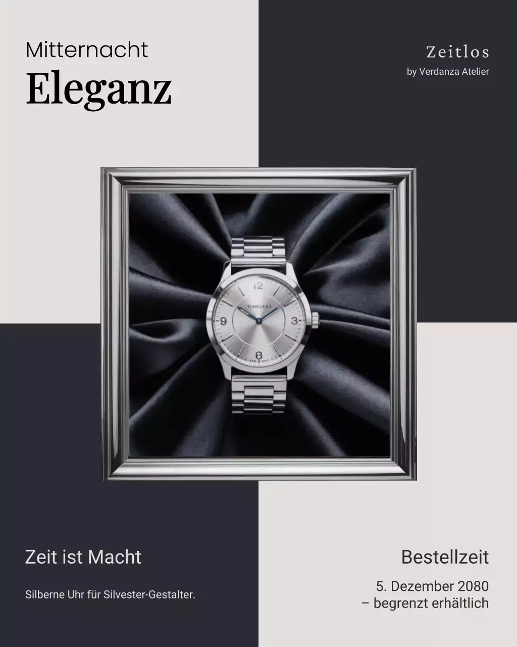 Instagram-Post mit Werbung für eine moderne silberne Uhr