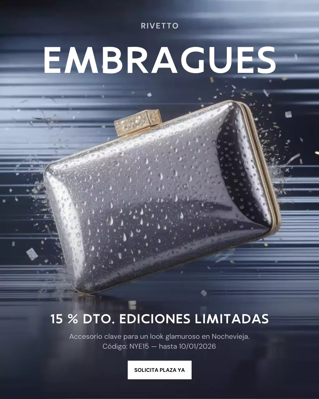 Publicación de Instagram para promocionar un elegante clutch plateado