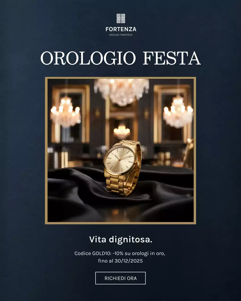 Post di Instagram con pubblicità promozionale di un orologio elegante in oro