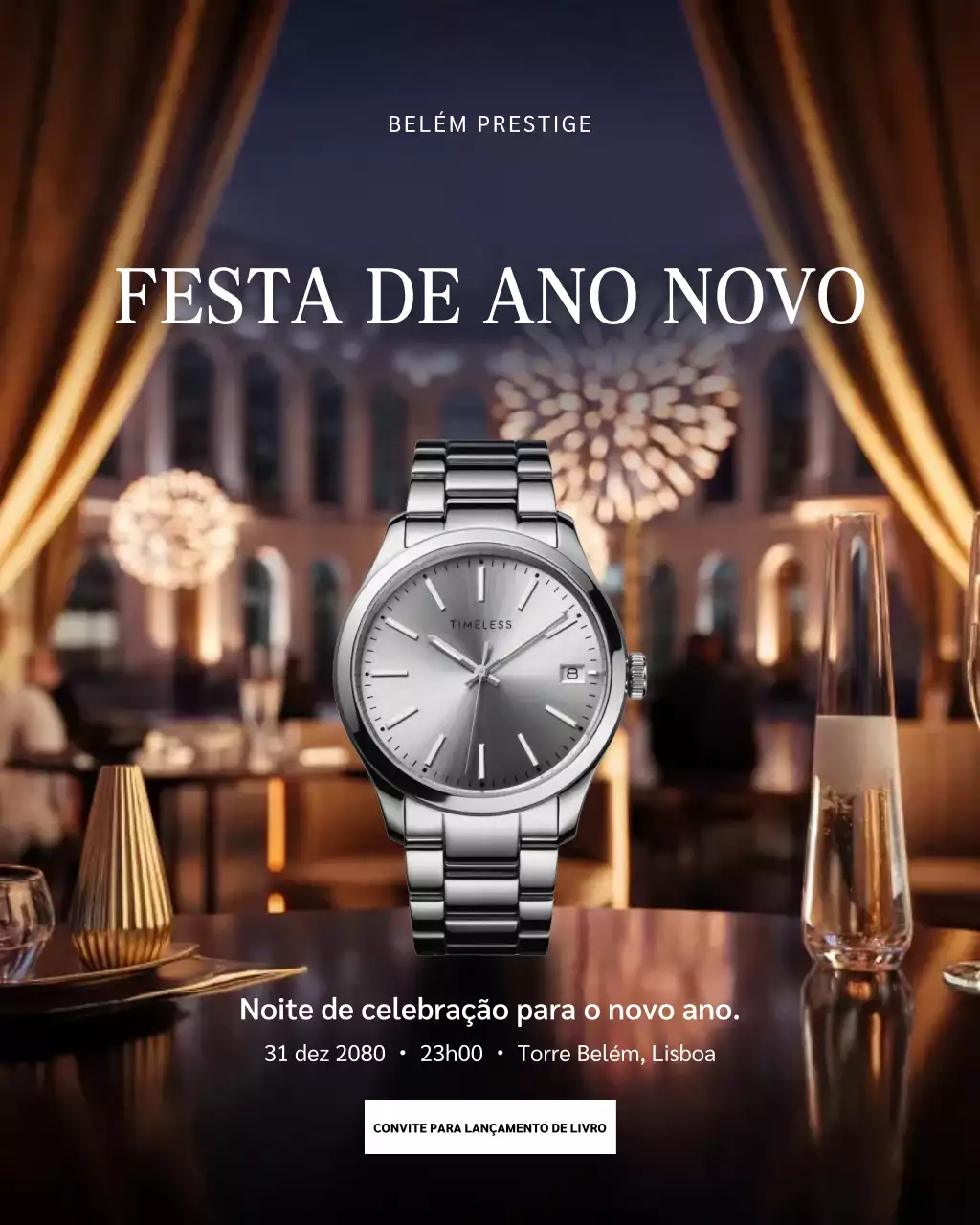 Convite para publicação no Instagram com relógio elegante prateado
