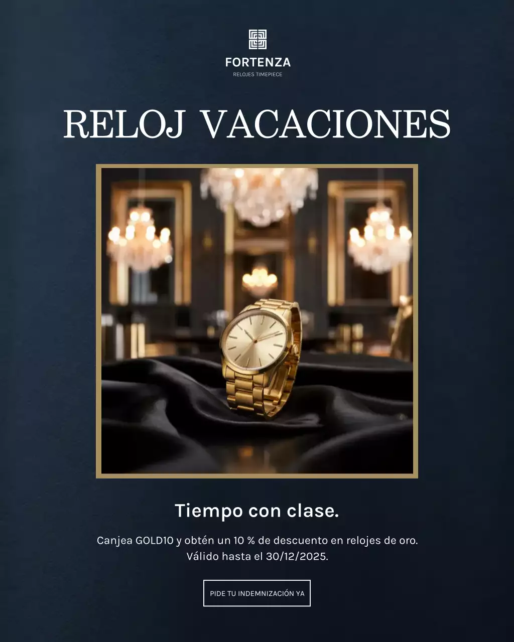 Publicación de Instagram de un anuncio promocional de un elegante reloj dorado