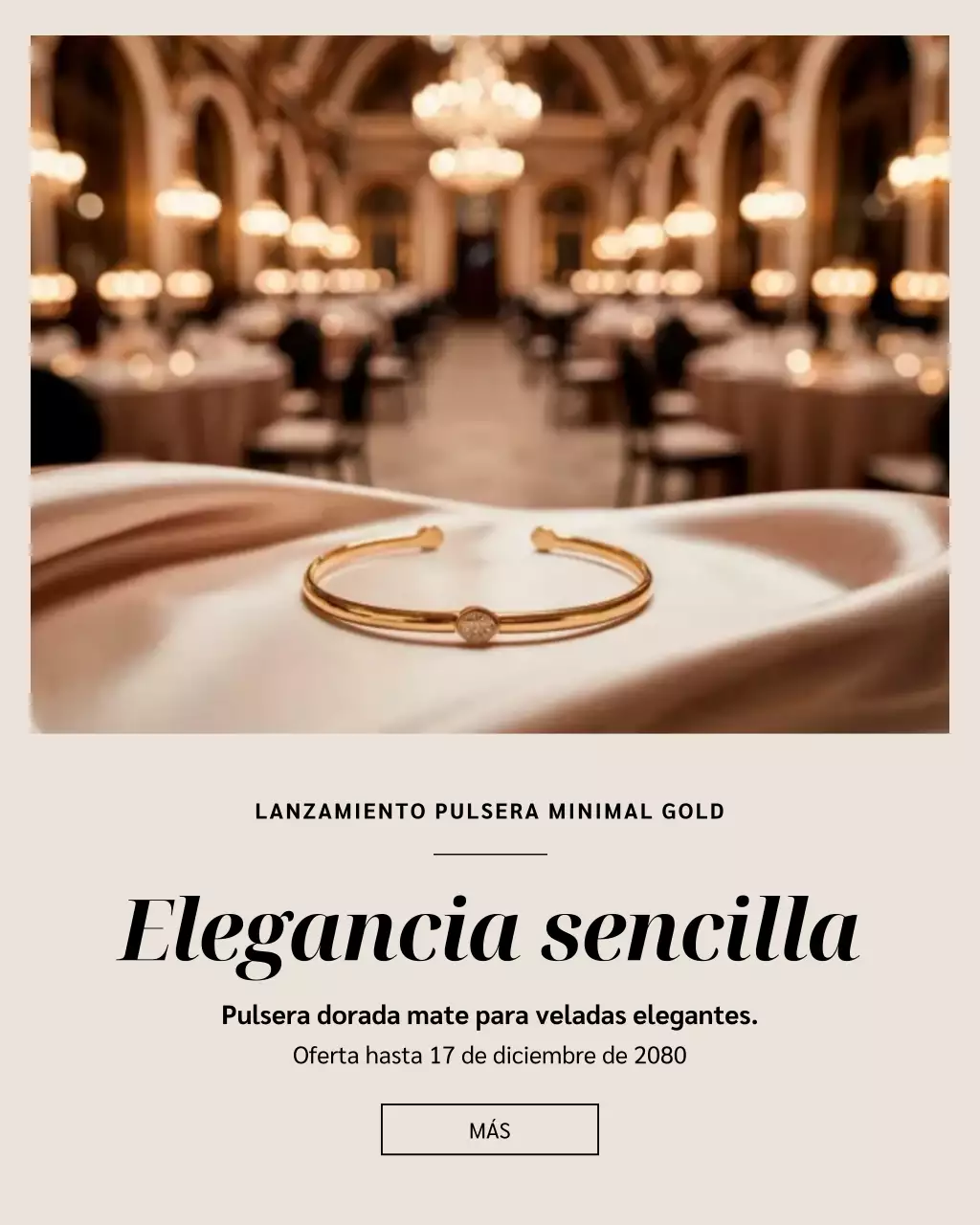 Publicación de Instagram para promocionar una elegante pulsera dorada