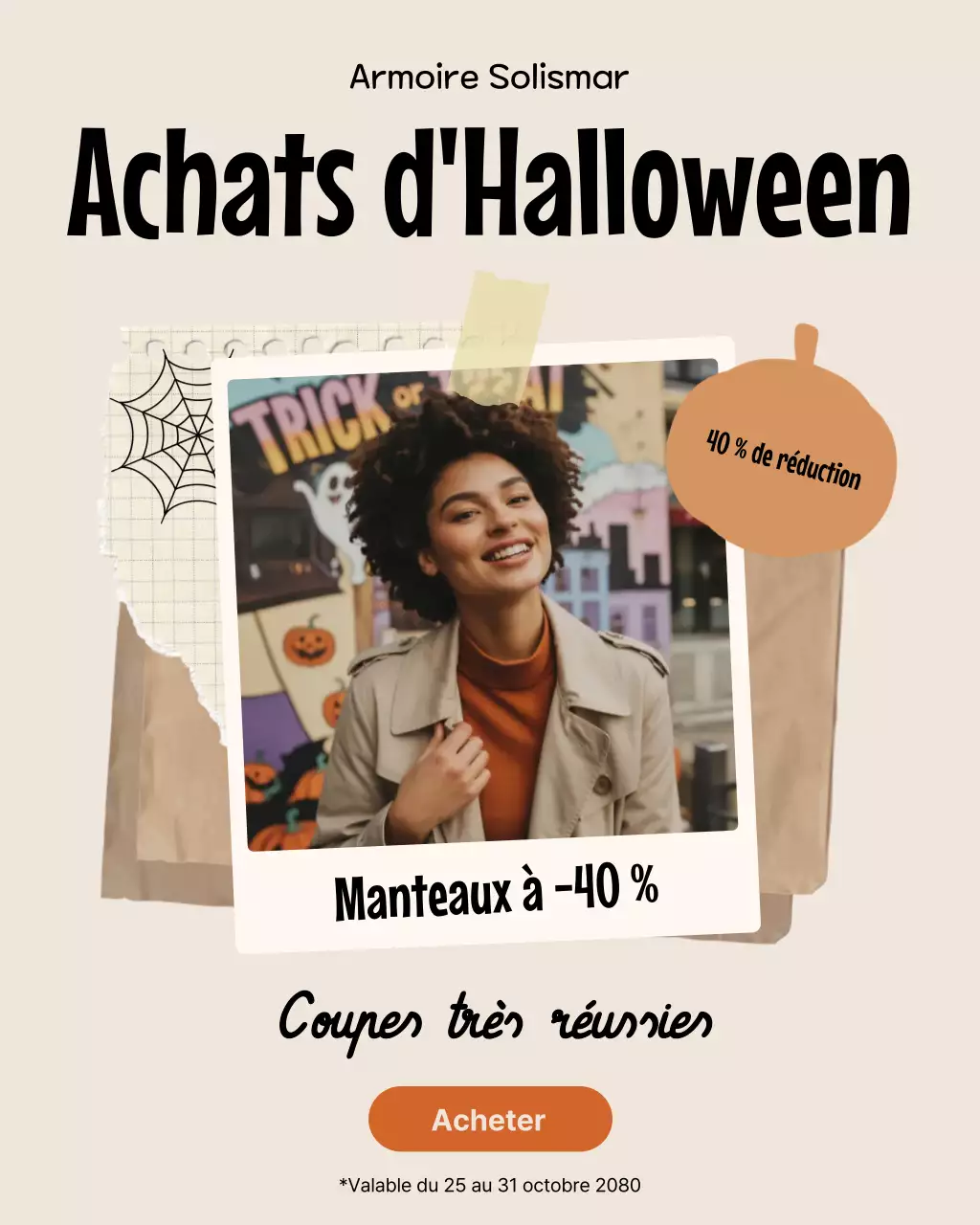 Publication Instagram de promotion des soldes d'Halloween beiges rétro