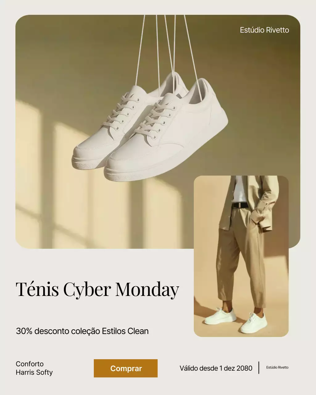 Publicação promocional de tênis brancos modernos no Instagram