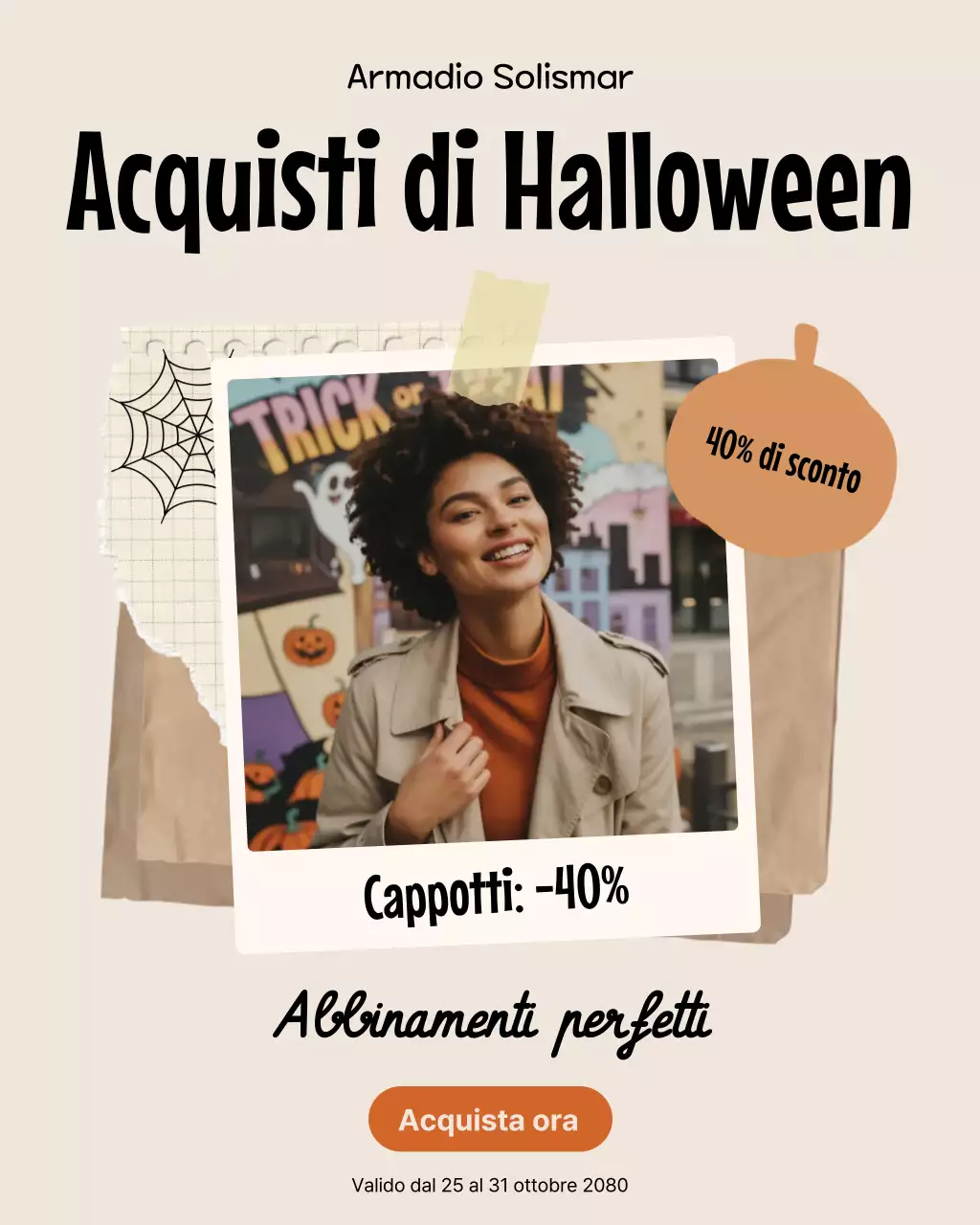 Post di Instagram sulla promozione dei saldi di Halloween retrò beige