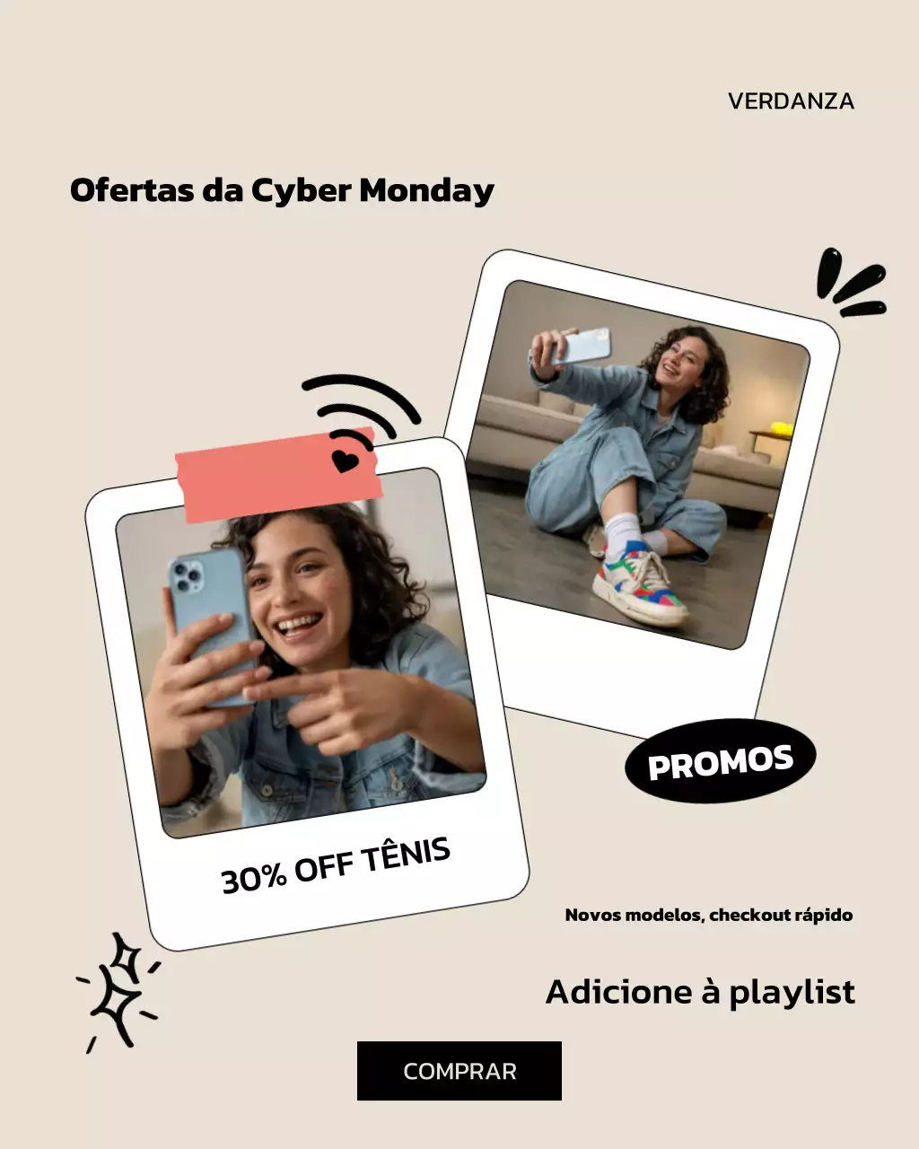 Postagem no Instagram sobre promoção de tênis modernos bege