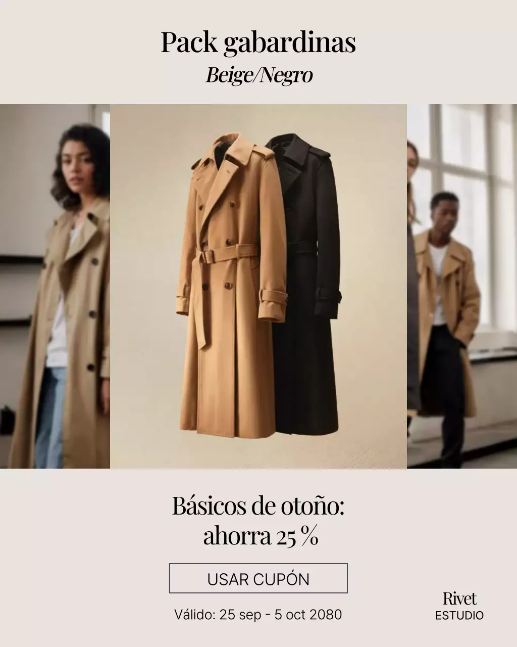 Publicación de Instagram de promoción de moda minimalista en beige