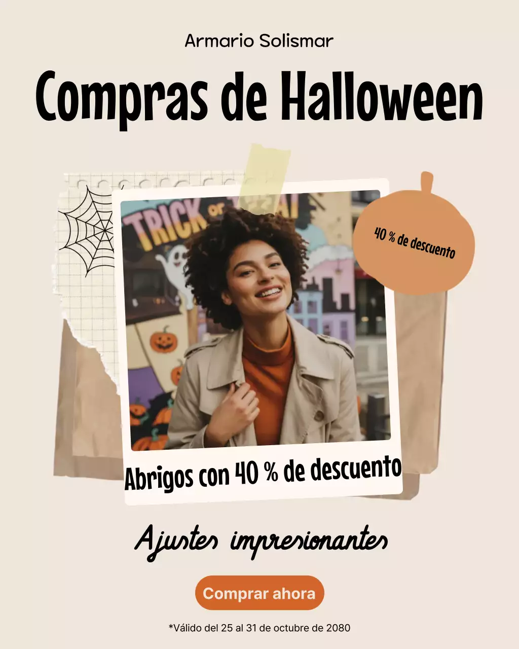 Publicación de Instagram de promoción de rebajas de Halloween retro beige