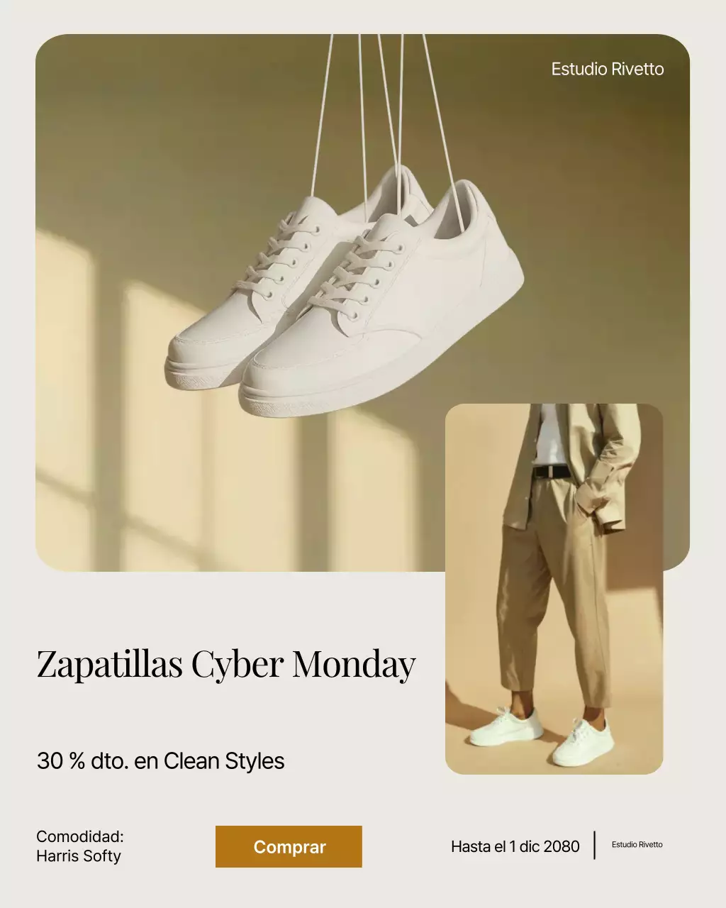 Publicación de Instagram de promoción de zapatillas blancas modernas
