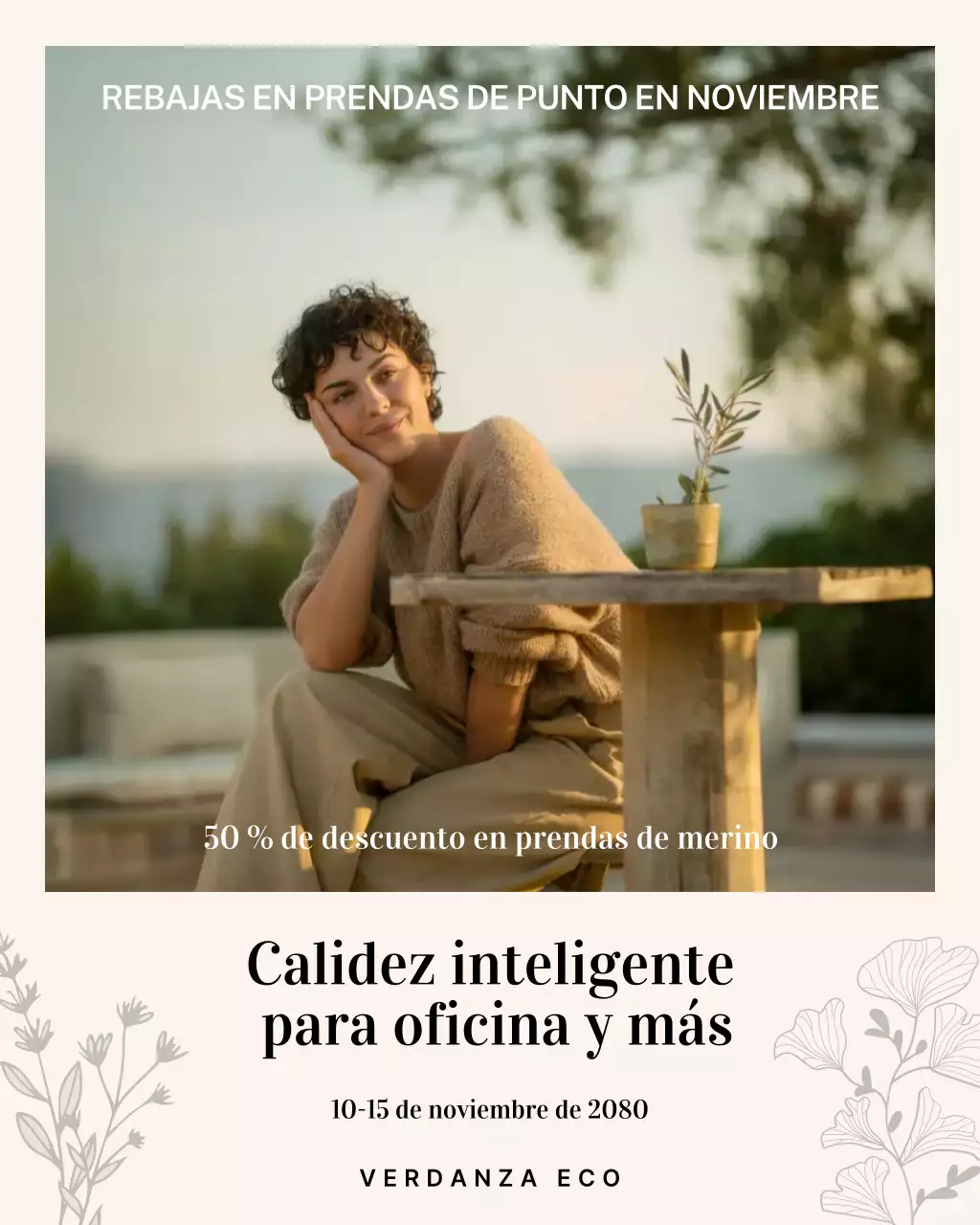 Publicación de Instagram sobre la promoción de prendas de punto minimalistas en beige