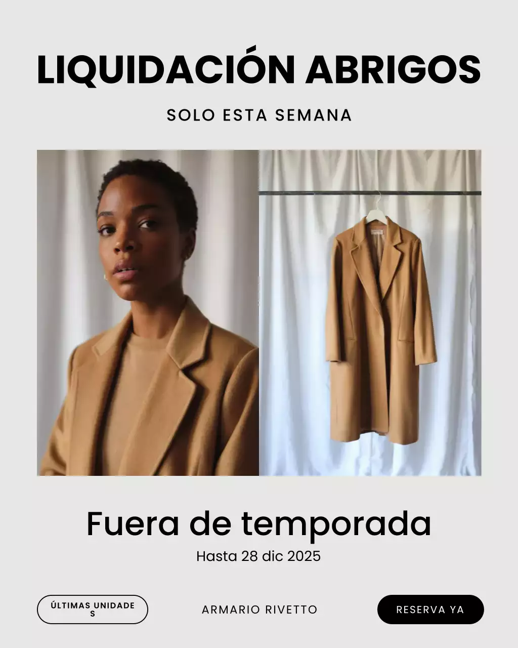 Publicación de Instagram de promoción de moda clásica beige
