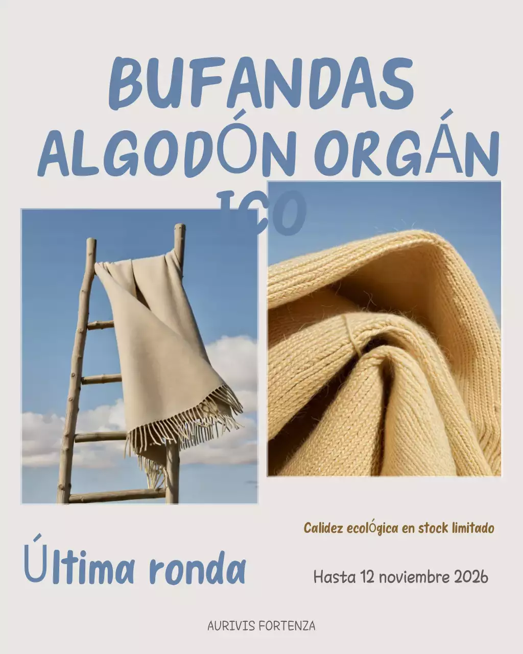 Publicación de Instagram sobre la promoción de una bufanda rústica beige