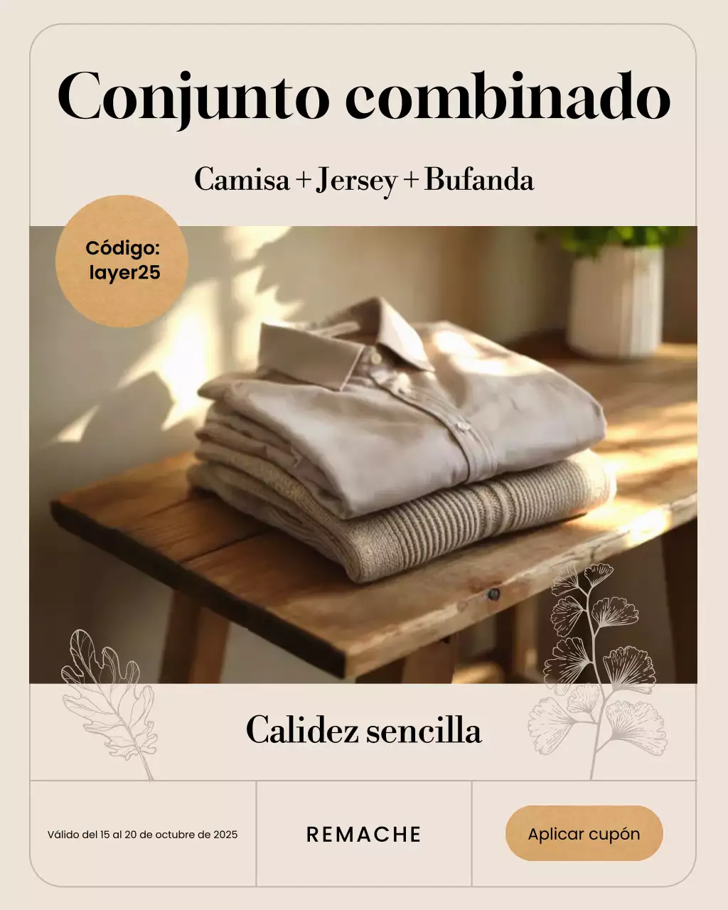 Publicación de Instagram de promoción de moda minimalista en beige