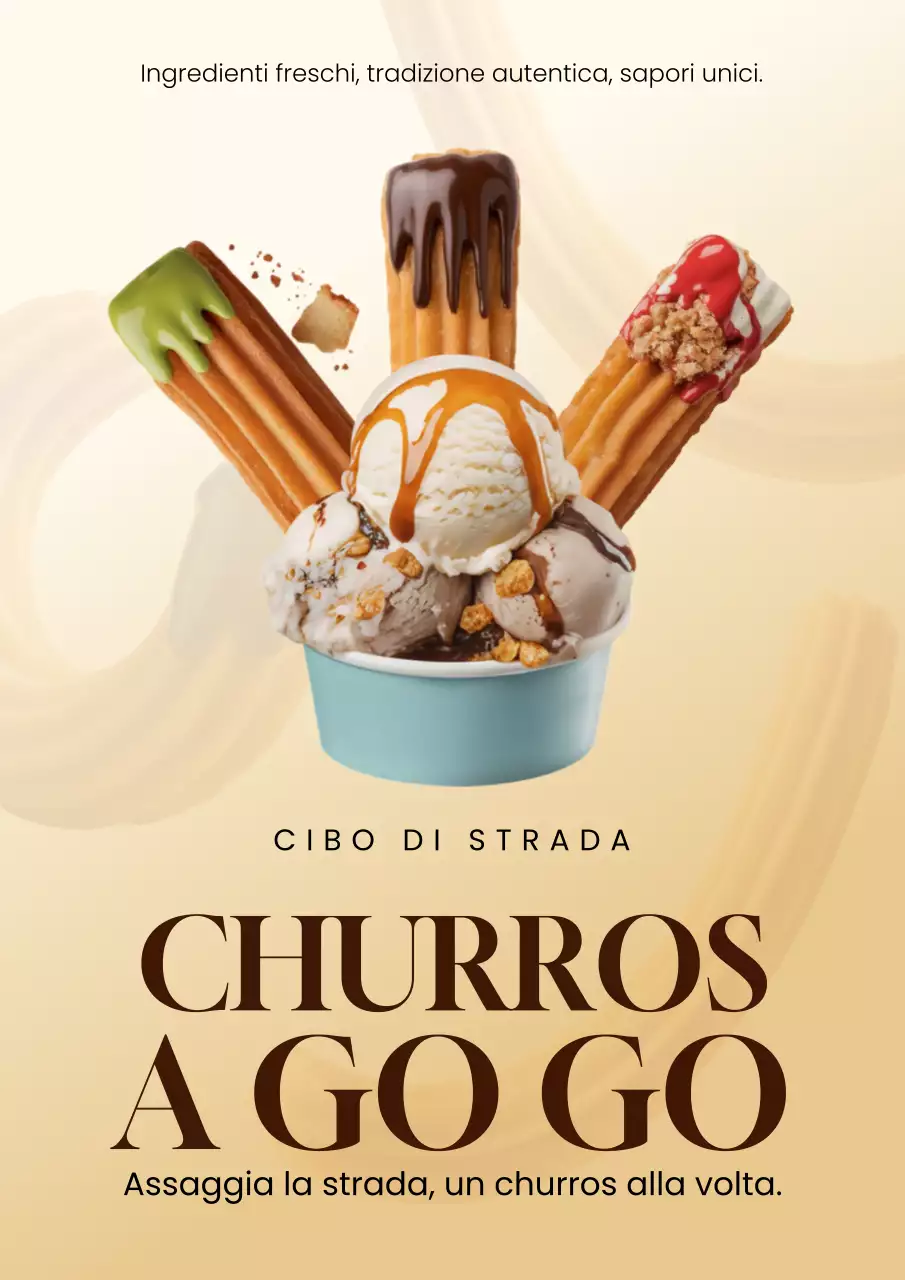 Manifesto pubblicitario di Churros alla moda beige