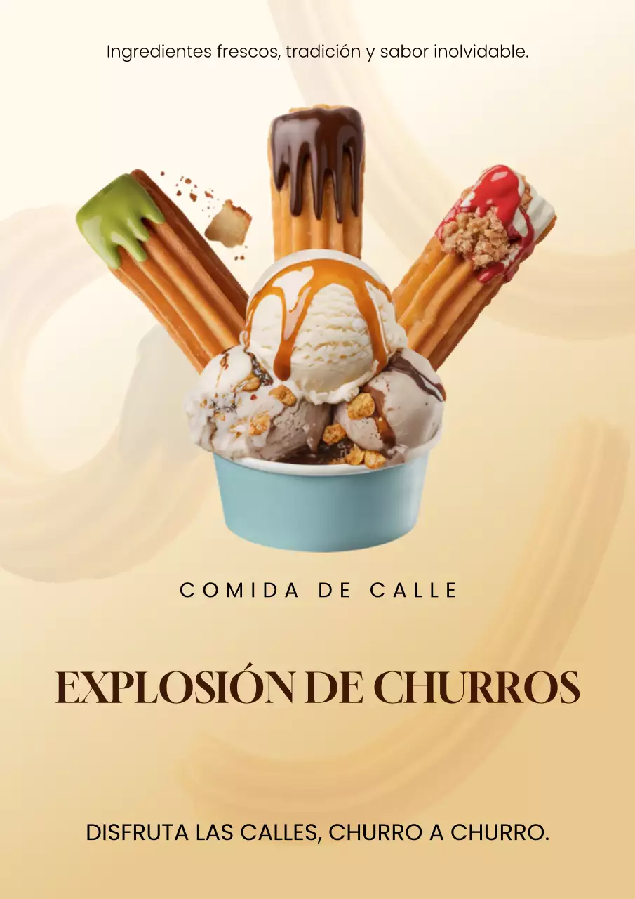 Cartel publicitario de churros beige de moda