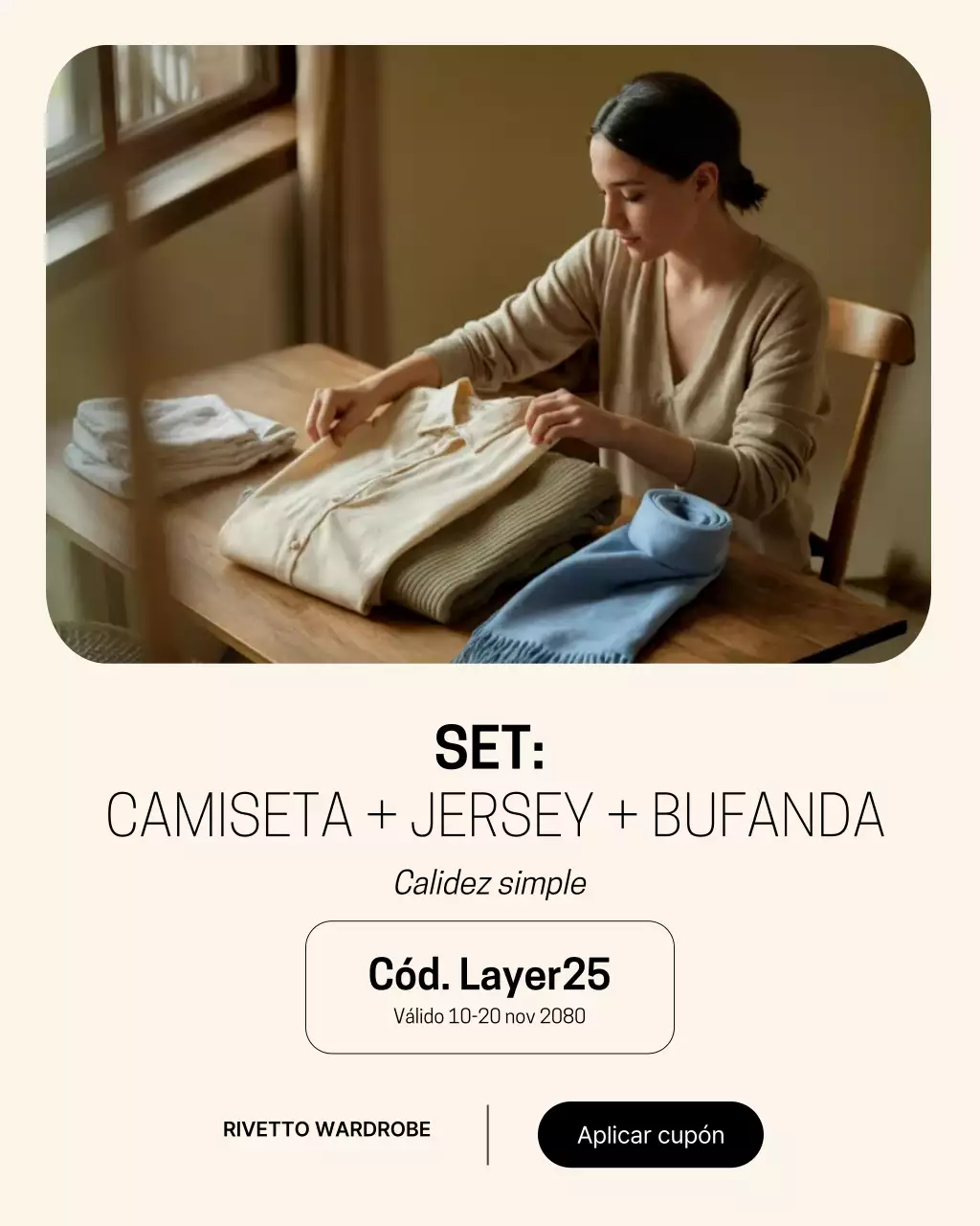 Publicación de Instagram sobre promoción de moda rústica beige