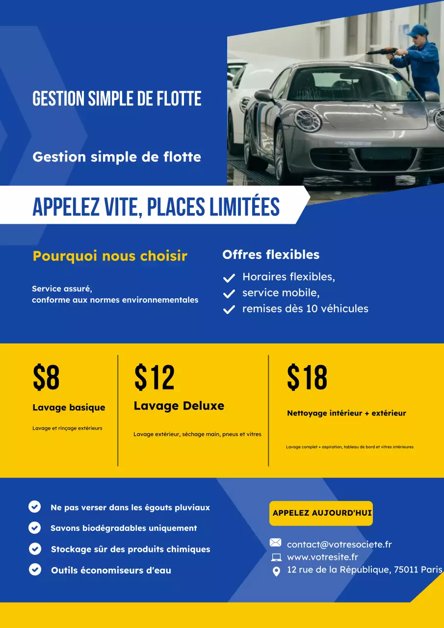 Affiche de proposition de lavage de flotte bleue et jaune