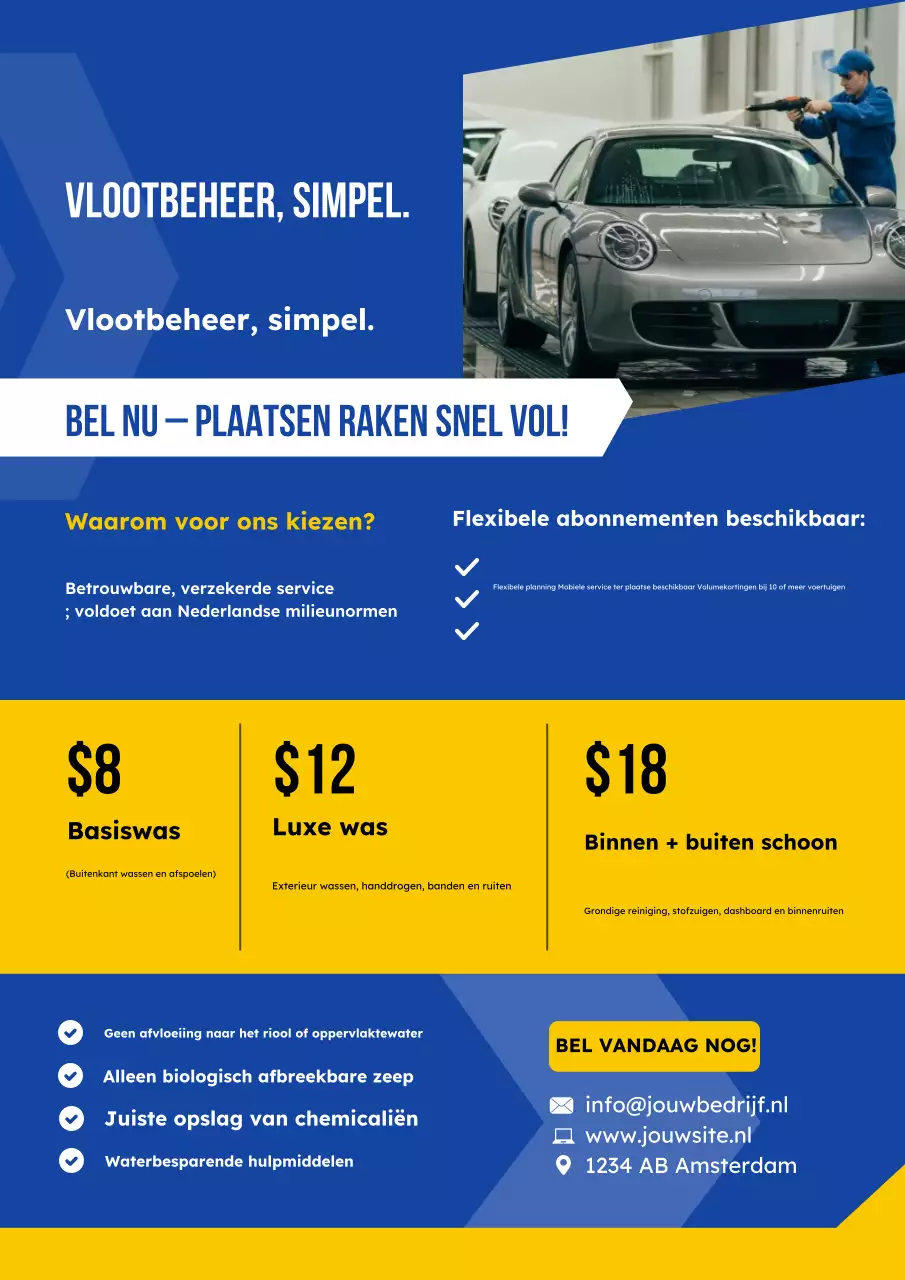 Poster met voorstel voor een blauwe en gele vlootwasstraat