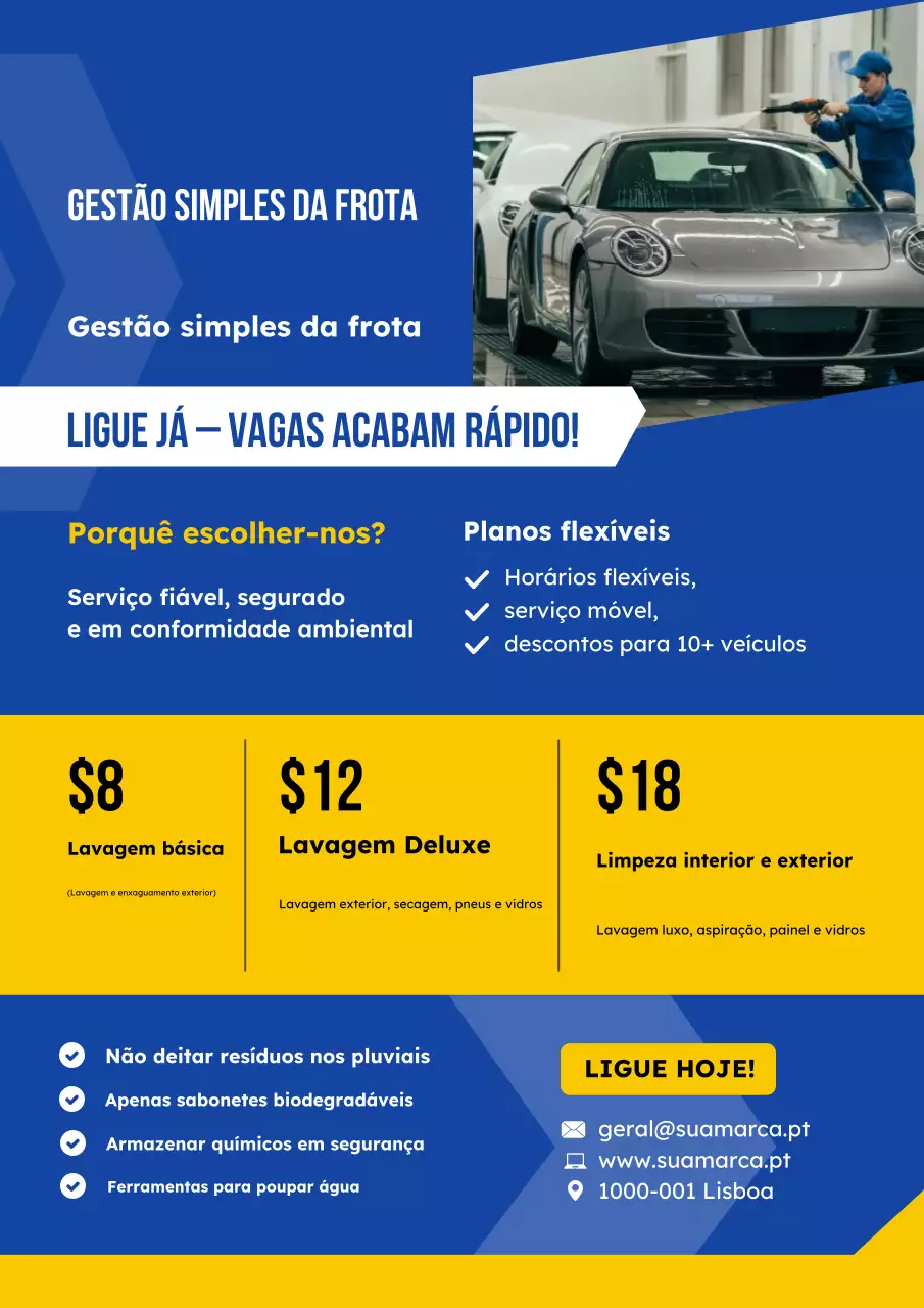 Cartaz de proposta de lavagem de frota azul e amarela