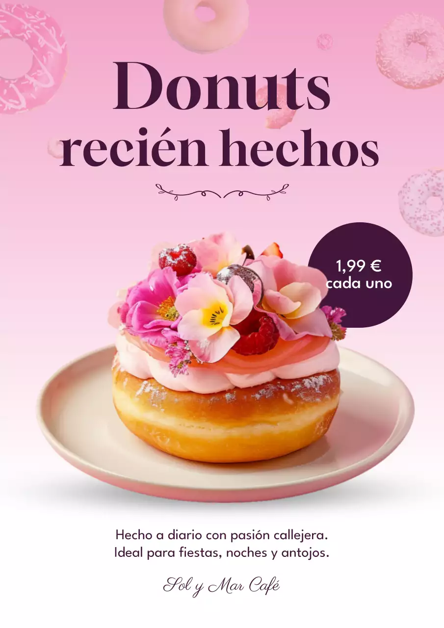 Cartel promocional de donuts con estética rosa