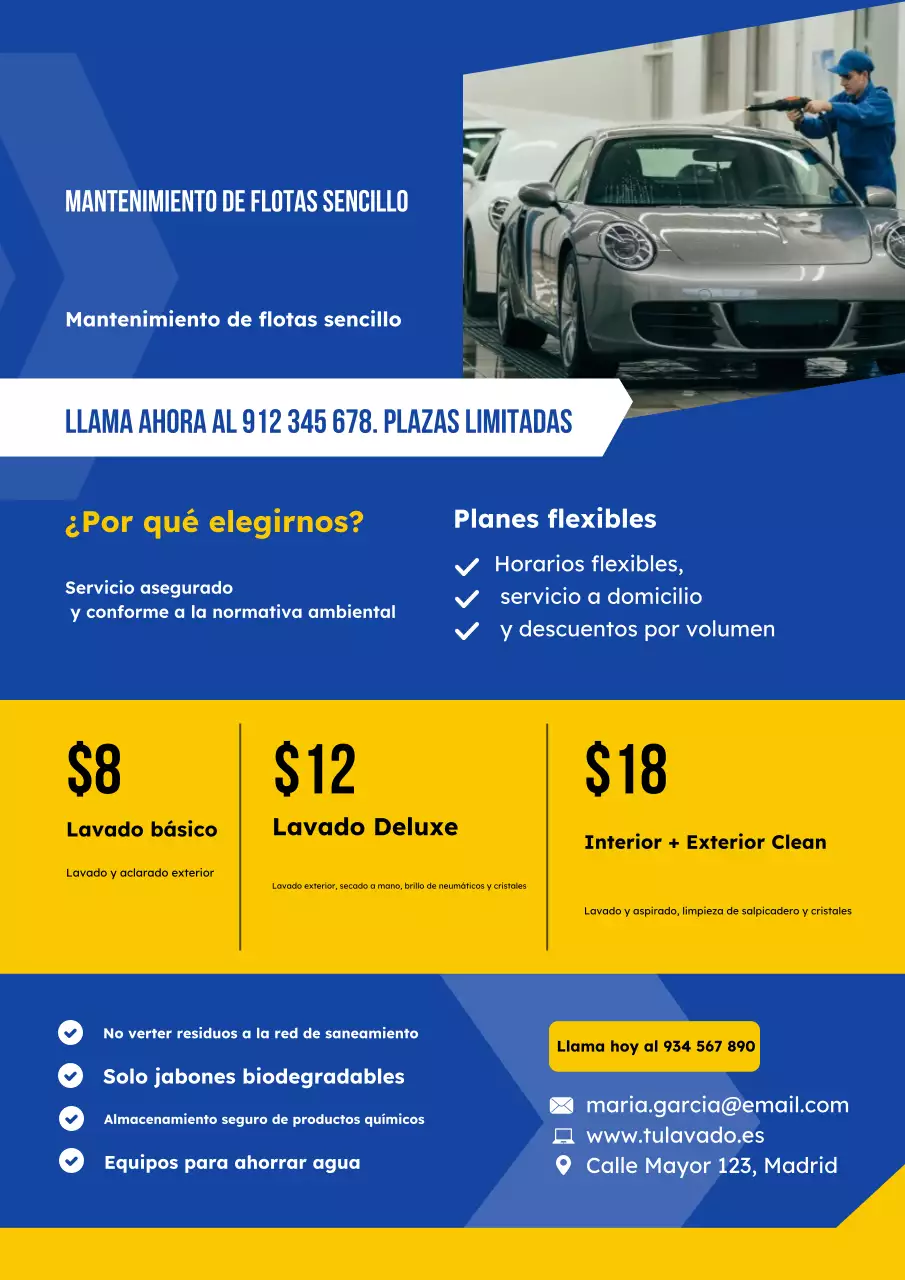 Cartel de propuesta de lavado de flota azul y amarillo