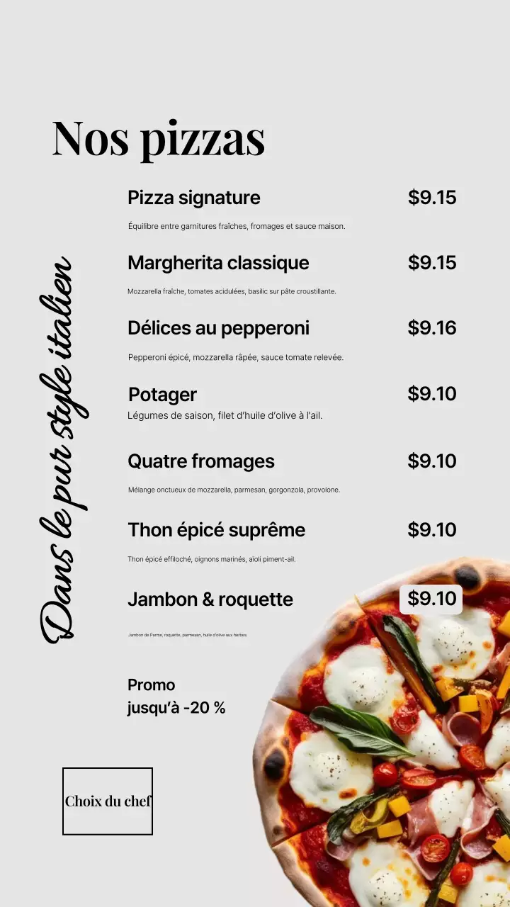 Menu de Gray Modern Pizza sur Instagram