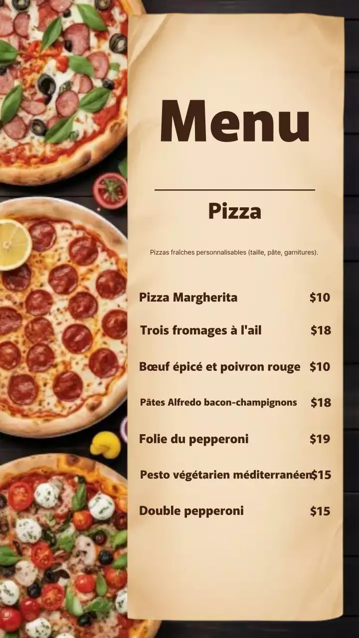 Publication Instagram du menu de la pizza moderne beige