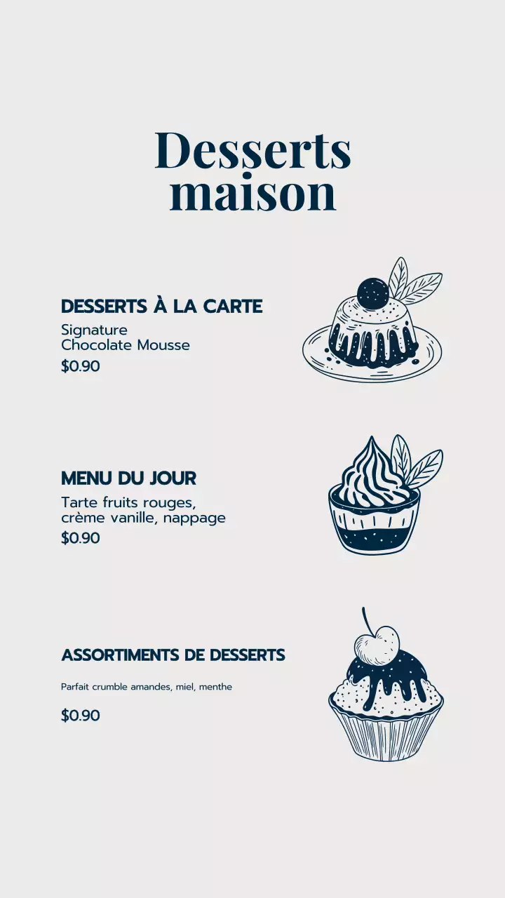 Menu de desserts élégants beiges