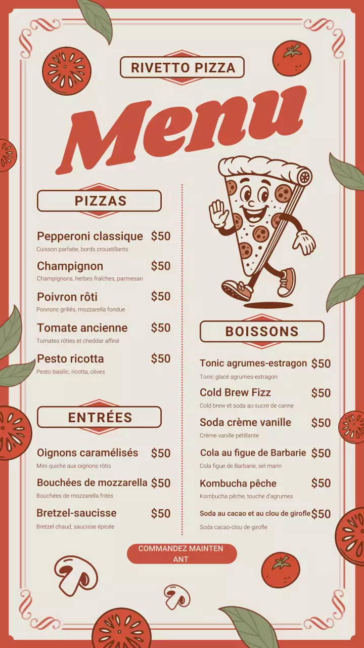 Menu de pizza rétro rouge sur Instagram