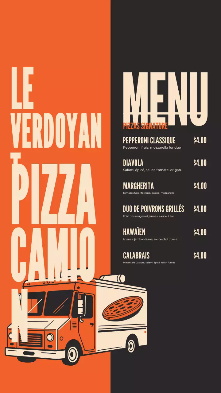 Menu de pizza rétro orange sur Instagram