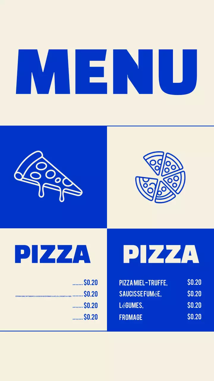Publication Instagram sur le design d'un menu bleu moderne
