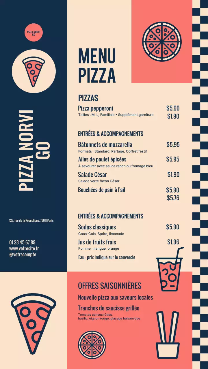 Menu de pizza rétro bleu marine et beige sur Instagram