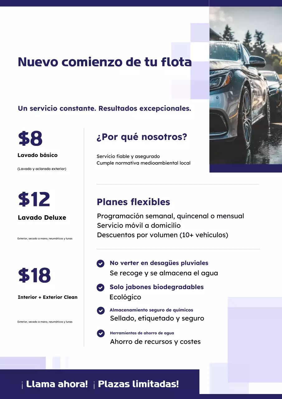 Póster de propuesta de lavado de flota en tonos morado y verde lima