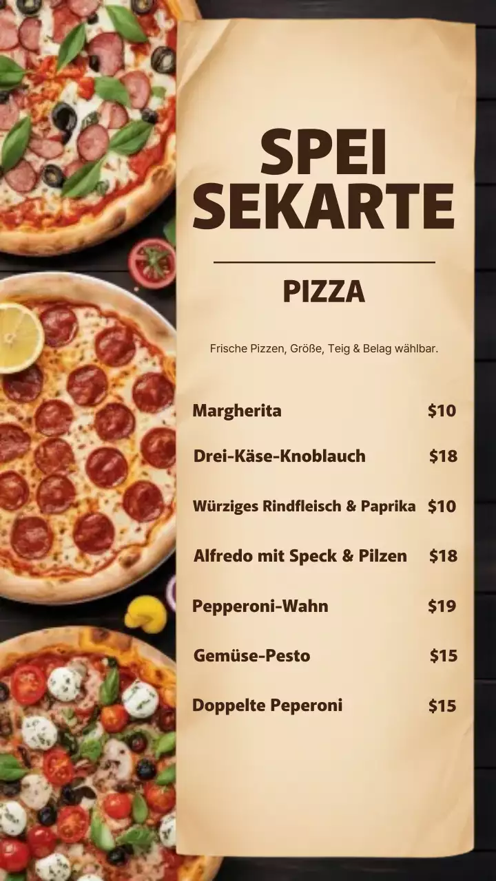 Instagram-Beitrag zum modernen Pizzamenü in Beige