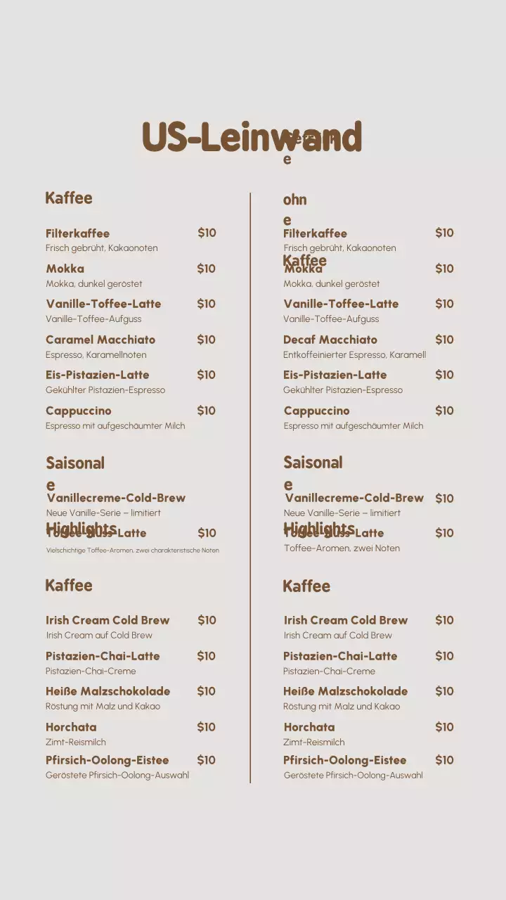 Beige Moderne Kaffeekarte