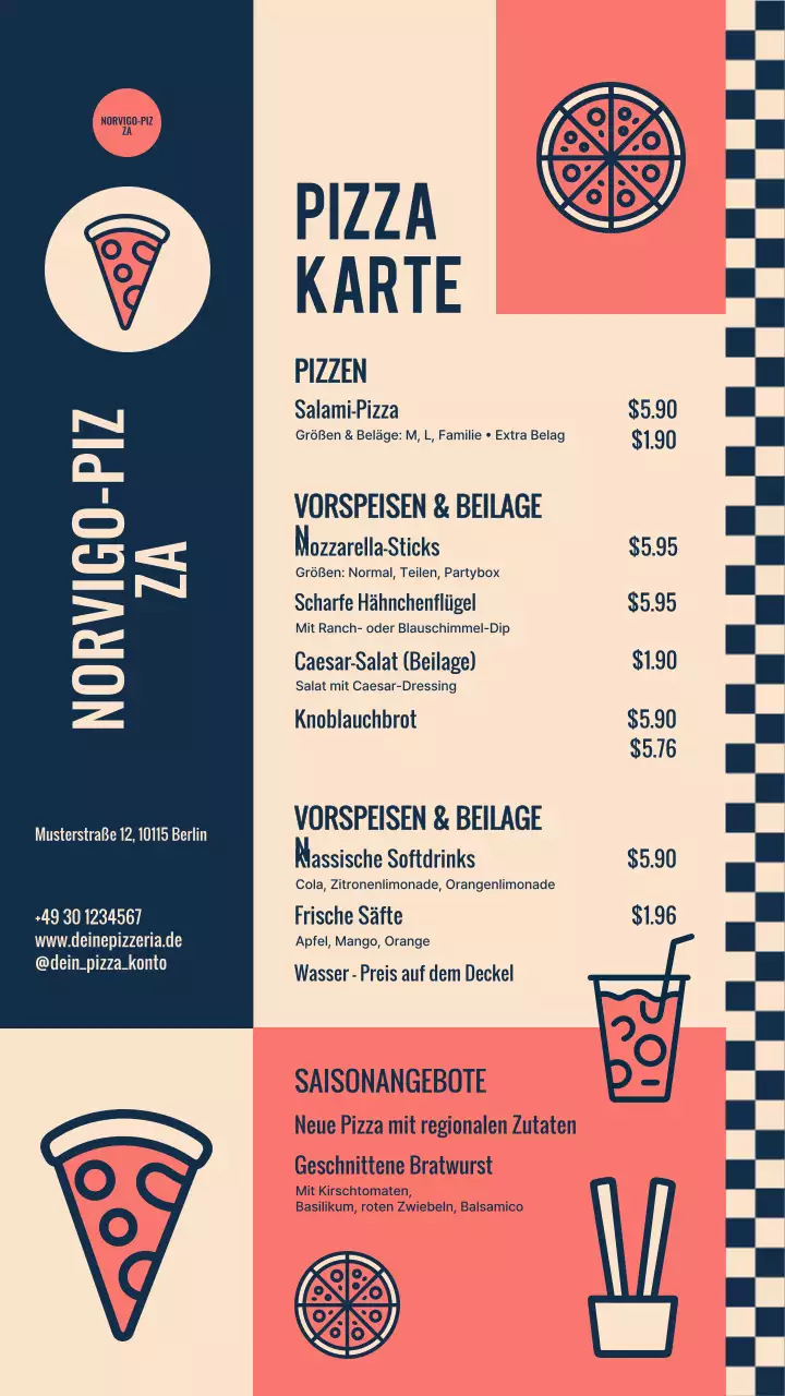 Marineblaue und beige Retro-Pizza-Menü-Instagram-Story