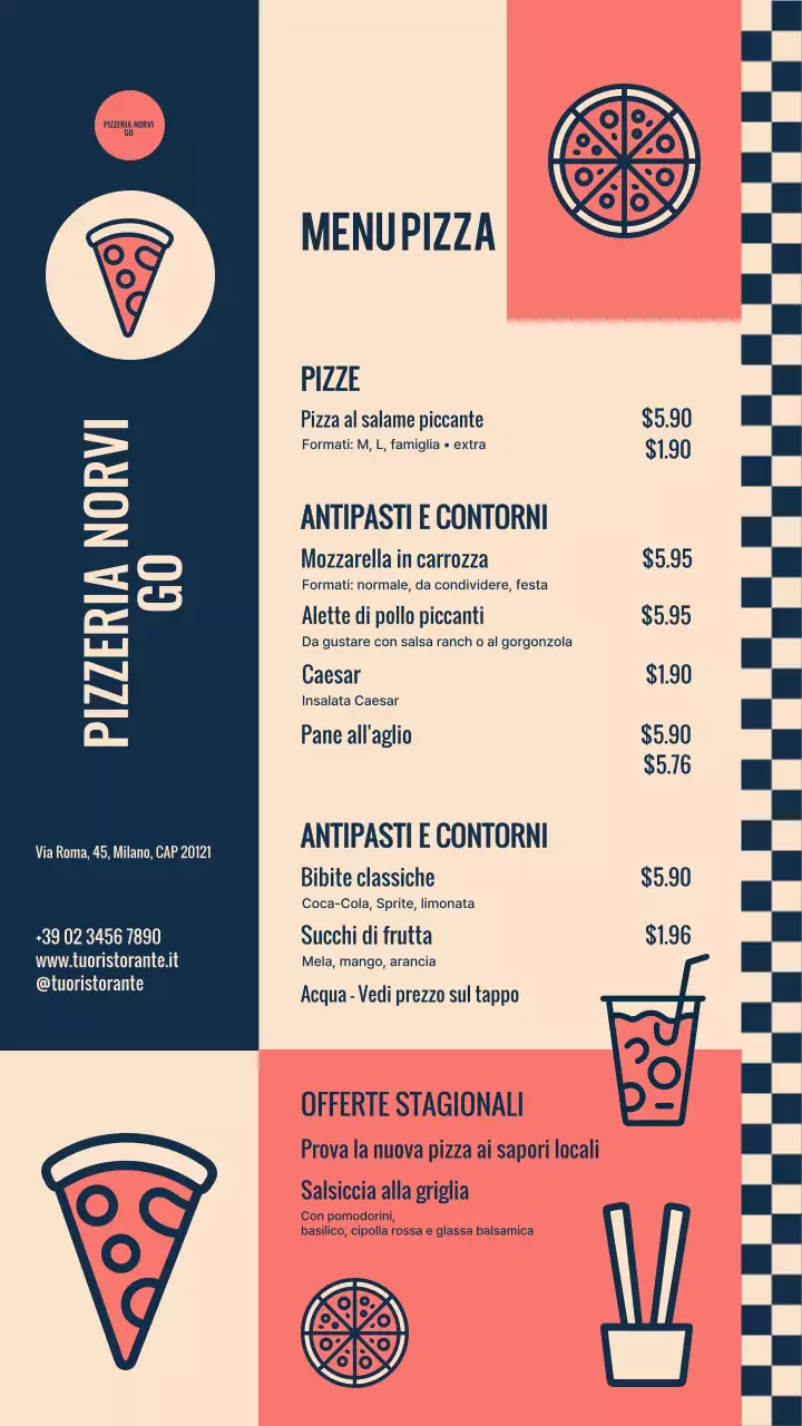 Storia di Instagram del menù della pizza retrò blu navy e beige