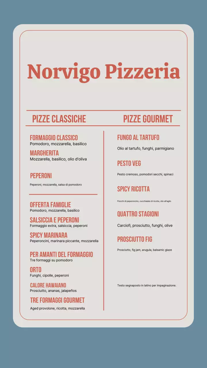 Post Instagram del menù della pizza classica beige