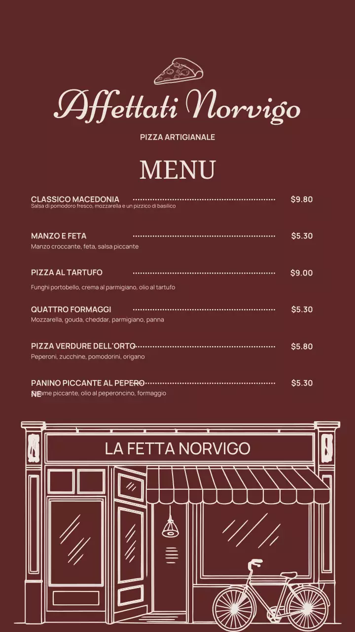 Post Instagram del menu della pizza classica marrone