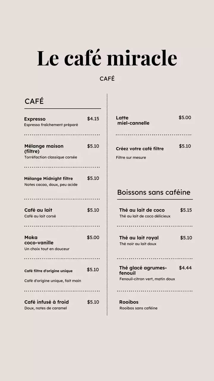 Menu café minimaliste beige